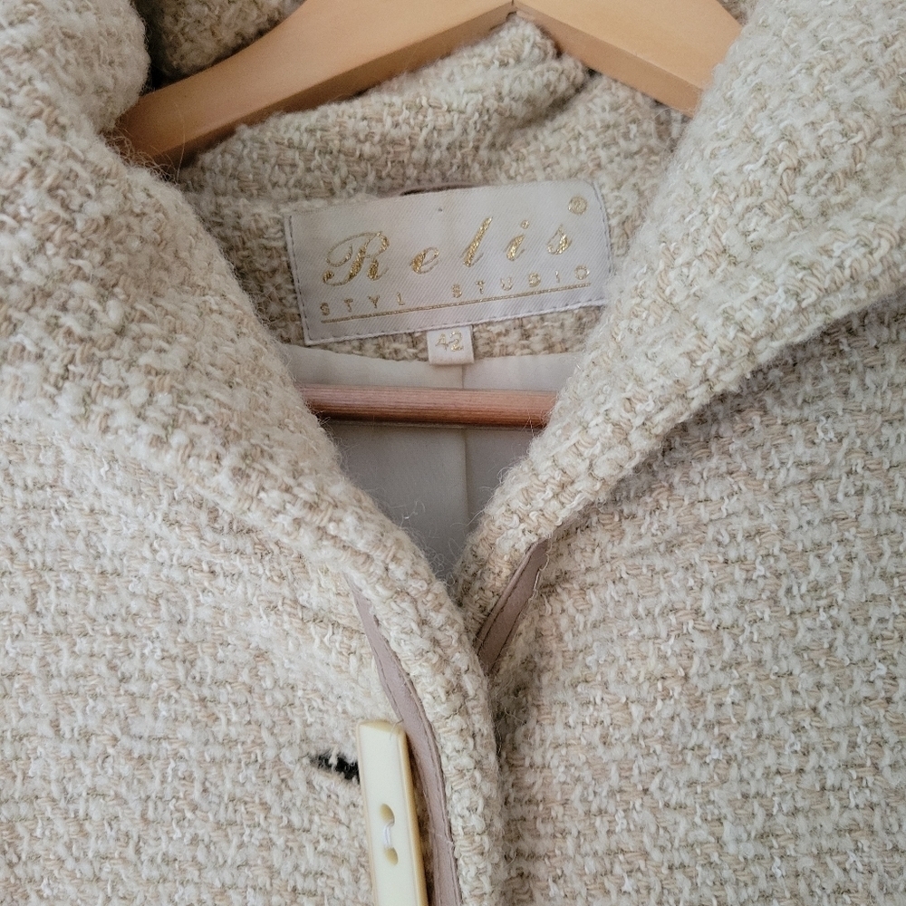 Vintage Women's Wool Blend Oatmeal Beige Tweed Hooded Duffle Coat Jacket Size 10 - Picture 8 of 10